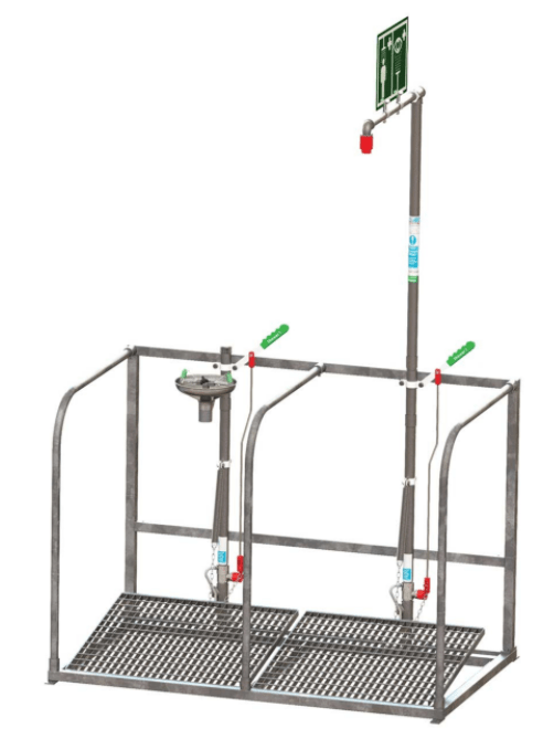 Selfdraining emergency shower with selfdraining stainless steel eyebath
