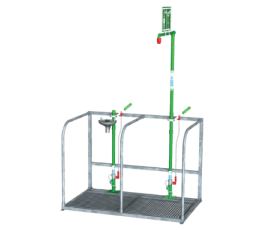 Selfdraining emergency shower with selfdraining stainless steel eyebath